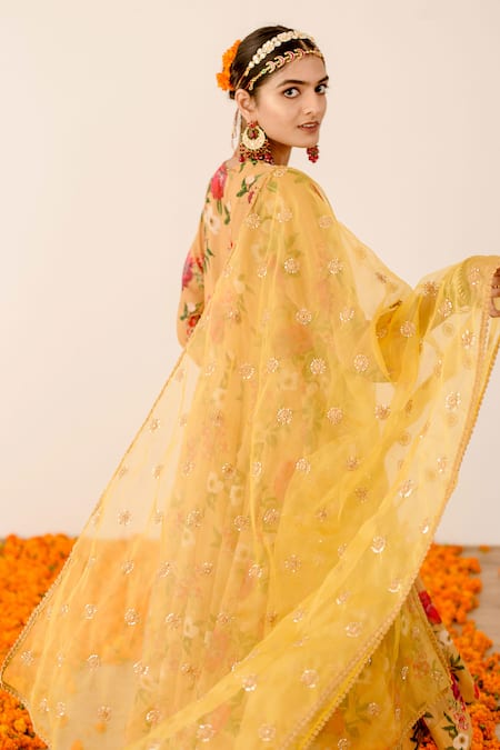 Shop Gulabo Jaipur Yellow Georgette, Organza Embroidery V-neck Ruby Floret Print Anarkali Pant Set Online at Aza Fashions Shop_Gulabo Jaipur_Yellow Georgette, Organza Embroidery V-neck Ruby Floret Print Anarkali Pant Set_Online_at_Aza_Fashions