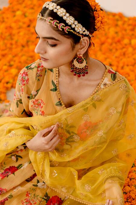 Buy Gulabo Jaipur Yellow Georgette, Organza Embroidery V-neck Ruby Floret Print Anarkali Pant Set Buy_Gulabo Jaipur_Yellow Georgette, Organza Embroidery V-neck Ruby Floret Print Anarkali Pant Set