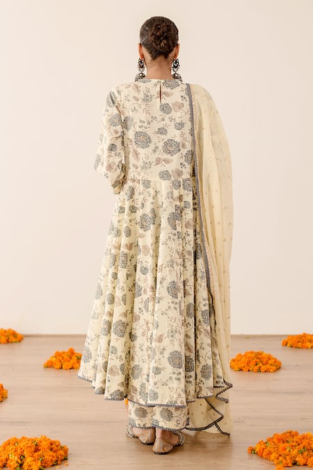 Shop Gulabo Jaipur Blue Cotton, Kota Doria Lace, Embroidery Sonam Floret Print Anarkali Pant Set at Aza Fashions Shop_Gulabo Jaipur_Blue Cotton, Kota Doria Lace, Embroidery Sonam Floret Print Anarkali Pant Set_at_Aza_Fashions