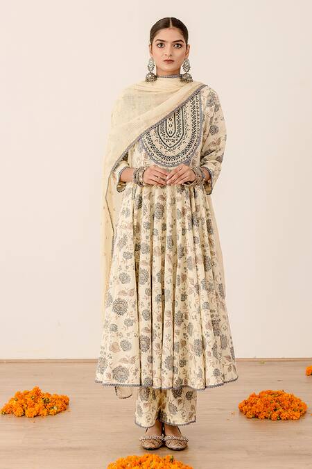 Gulabo Jaipur Blue Cotton, Kota Doria Lace, Embroidery Sonam Floret Print Anarkali Pant Set Online at Aza Fashions Gulabo Jaipur_Blue Cotton, Kota Doria Lace, Embroidery Sonam Floret Print Anarkali Pant Set_Online_at_Aza_Fashions