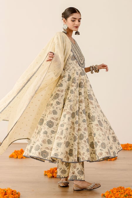 Shop Gulabo Jaipur Blue Cotton, Kota Doria Lace, Embroidery Sonam Floret Print Anarkali Pant Set Online at Aza Fashions Shop_Gulabo Jaipur_Blue Cotton, Kota Doria Lace, Embroidery Sonam Floret Print Anarkali Pant Set_Online_at_Aza_Fashions