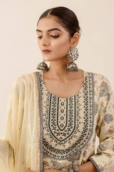 Gulabo Jaipur Blue Cotton, Kota Doria Lace, Embroidery Sonam Floret Print Anarkali Pant Set at Aza Fashions Gulabo Jaipur_Blue Cotton, Kota Doria Lace, Embroidery Sonam Floret Print Anarkali Pant Set_at_Aza_Fashions