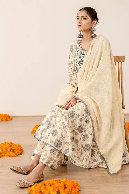 Buy Gulabo Jaipur Blue Cotton, Kota Doria Lace, Embroidery Sonam Floret Print Anarkali Pant Set Buy_Gulabo Jaipur_Blue Cotton, Kota Doria Lace, Embroidery Sonam Floret Print Anarkali Pant Set