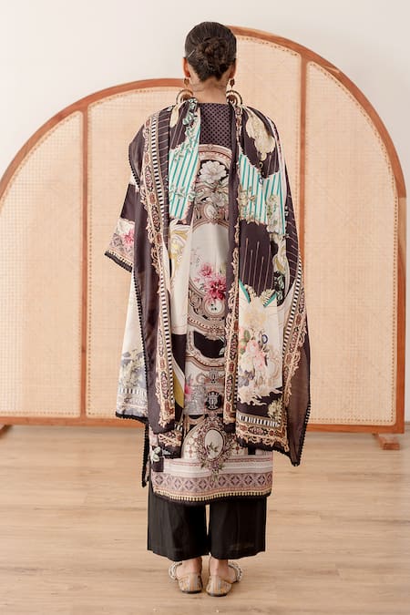 Shop Gulabo Jaipur Black Muslin Lace Scoop Neck Zara Geometric And Floral Print Kurta Pant Set at Aza Fashions Shop_Gulabo Jaipur_Black Muslin Lace Scoop Neck Zara Geometric And Floral Print Kurta Pant Set_at_Aza_Fashions