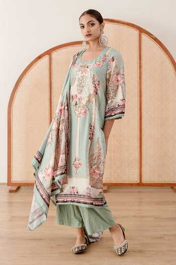Shop Gulabo Jaipur Blue Muslin Lace, Embroidery Scoop Neck Zara Vintage Print Kurta Pant Set at Aza Fashions Shop_Gulabo Jaipur_Blue Muslin Lace, Embroidery Scoop Neck Zara Vintage Print Kurta Pant Set_at_Aza_Fashions