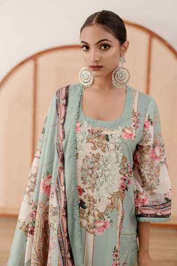 Shop Gulabo Jaipur Blue Muslin Lace, Embroidery Scoop Neck Zara Vintage Print Kurta Pant Set Online at Aza Fashions Shop_Gulabo Jaipur_Blue Muslin Lace, Embroidery Scoop Neck Zara Vintage Print Kurta Pant Set_Online_at_Aza_Fashions
