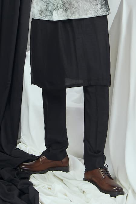 Nirmooha_Black Velvet, Nylon Nokia Silk Kurta Set With Print Bundi _Online_at_Aza_Fashions