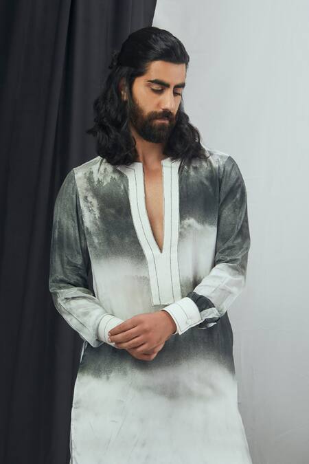 Buy_Nirmooha_White Crepe, Nylon Embroidery Landscape Print Kurta With Pant _Online_at_Aza_Fashions