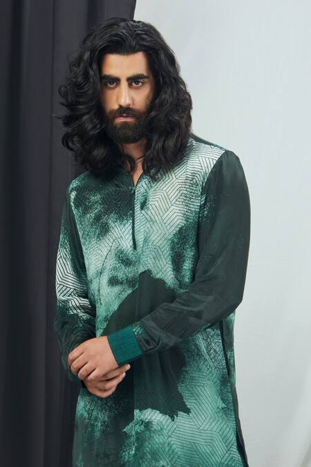 Buy_Nirmooha_Green Crepe, Nylon Blotch Print Kurta With Pant _Online_at_Aza_Fashions