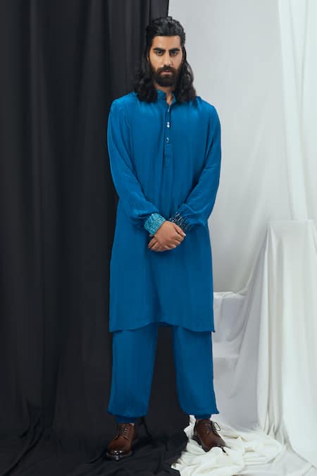 Nirmooha Blue Crepe Plain Embellished Kurta With Pant 