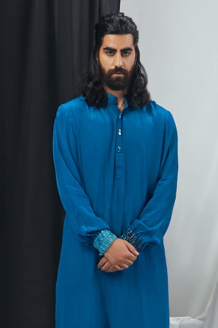 Shop_Nirmooha_Blue Crepe Embellished Kurta With Pant _Online_at_Aza_Fashions