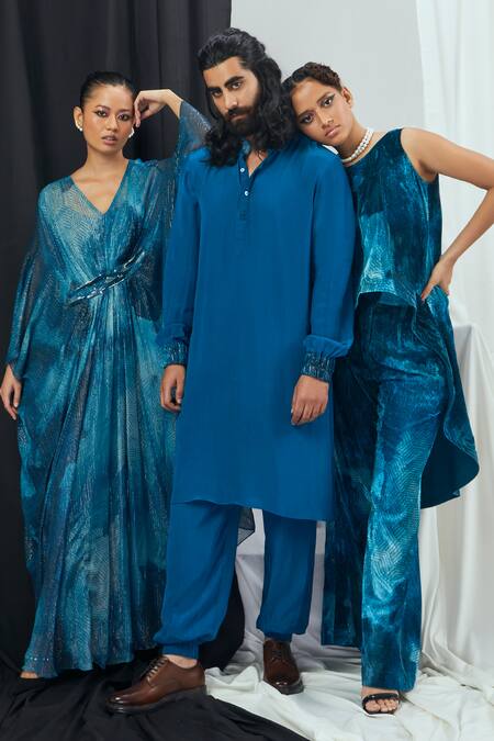 Nirmooha_Blue Crepe Embellished Kurta With Pant _at_Aza_Fashions