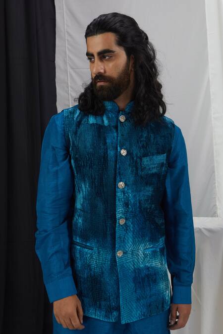 Nirmooha_Blue Nylon, Velvet Blotch Print Kurta Set _Online_at_Aza_Fashions