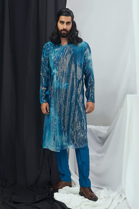 Nirmooha Blue Nokia Silk Print Blotch Hand Embroidered Kurta With Pant 