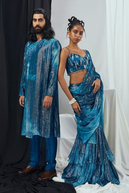 Nirmooha_Blue Nylon, Lurex, Silk Embroidery Printed Hand Kurta Set _Online_at_Aza_Fashions