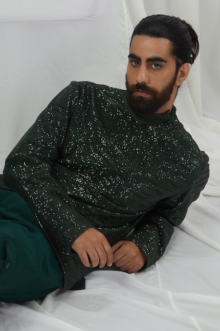 Nirmooha_Green Silk Sequins Embellished T-shirt _Online_at_Aza_Fashions