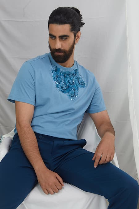 Nirmooha_Blue Jersey Embroidery Swirl T-shirt _Online_at_Aza_Fashions