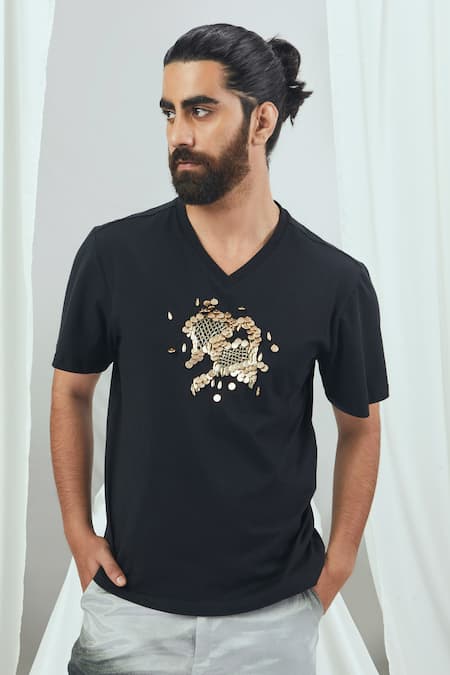 Nirmooha Black Jersey Hand Embroidery Golden Coins Placement T-shirt 