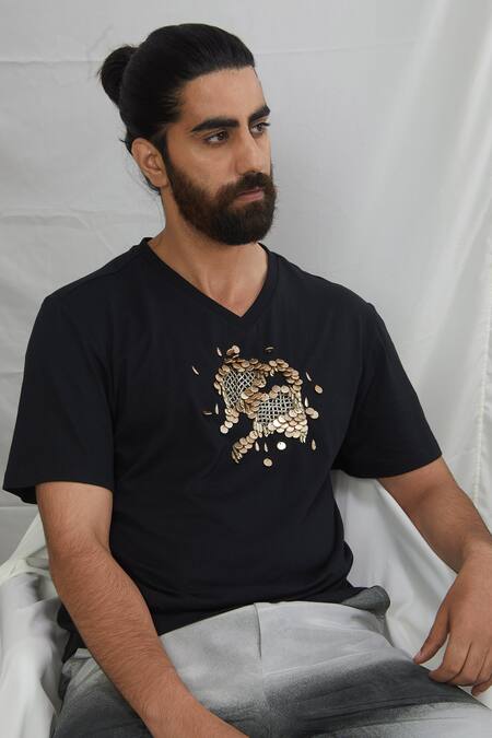 Nirmooha_Black Jersey Embroidery Placement Hand T-shirt _Online_at_Aza_Fashions