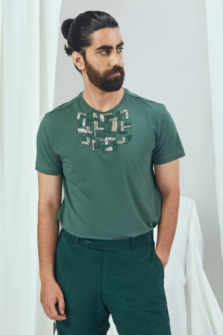 Nirmooha_Green Jersey Embroidery Placement Geometric Hand Tee _Online_at_Aza_Fashions