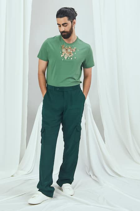 Nirmooha Green Jersey Hand Embroidery Golden Coins Placement Cluster Tee 