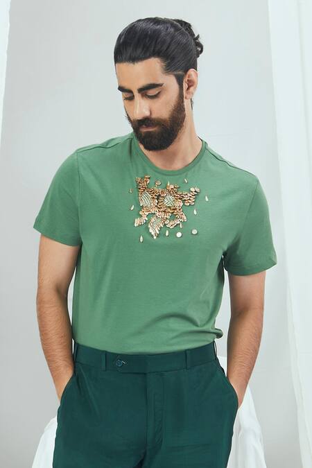 Nirmooha_Green Jersey Embroidery Placement Cluster Hand Tee _Online_at_Aza_Fashions