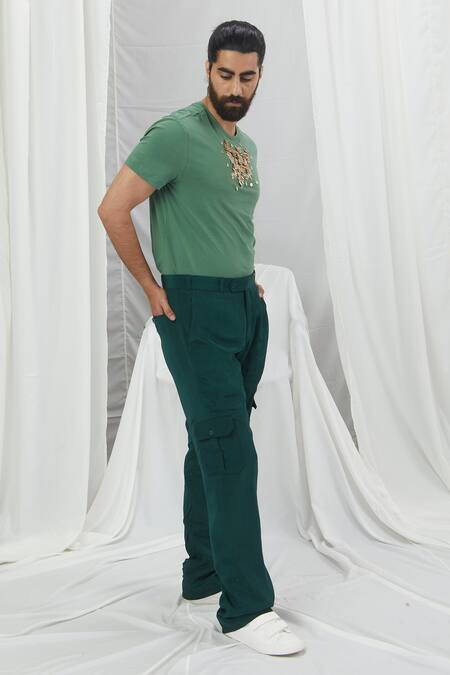 Buy_Nirmooha_Green Jersey Embroidery Placement Cluster Hand Tee _Online_at_Aza_Fashions