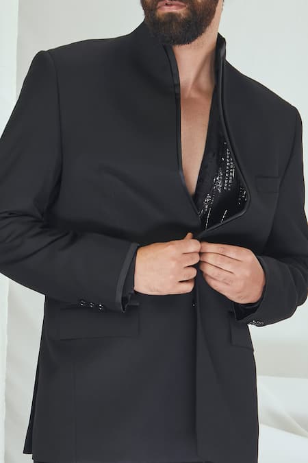 Nirmooha_Blue Microfiber Sequins Full Sleeve Blazer Set _at_Aza_Fashions