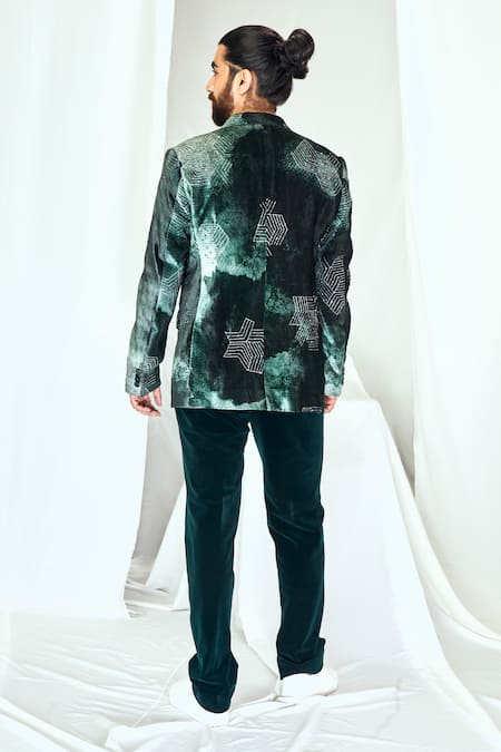 Shop_Nirmooha_Emerald Green Velvet Printed Blotch Blazer _at_Aza_Fashions