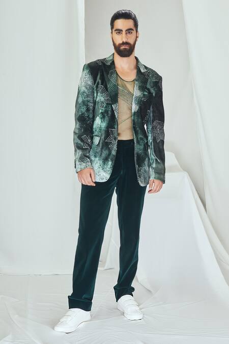 Buy_Nirmooha_Emerald Green Velvet Printed Blotch Blazer _Online_at_Aza_Fashions