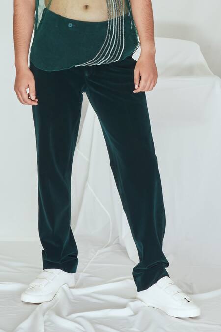 Nirmooha_Emerald Green Velvet Solid Pant _Online_at_Aza_Fashions