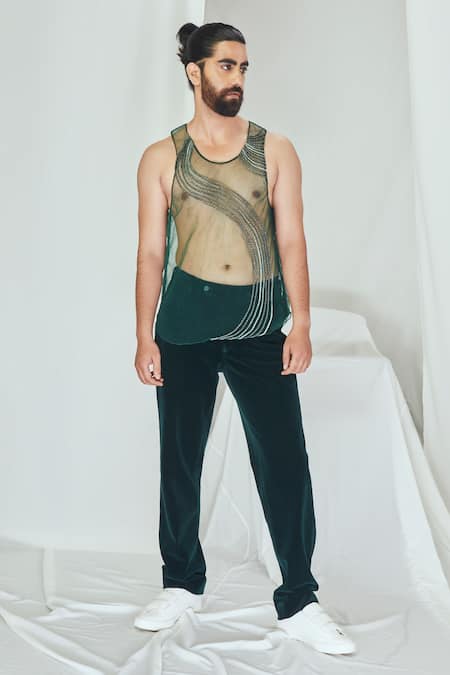 Buy_Nirmooha_Emerald Green Velvet Solid Pant _Online_at_Aza_Fashions