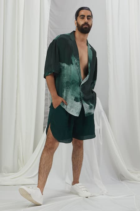 Shop_Nirmooha_Emerald Green Crepe Solid Shorts _Online_at_Aza_Fashions