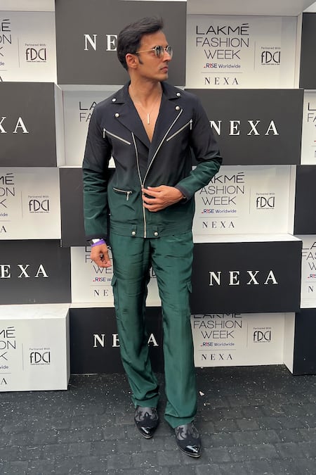 Nirmooha_Emerald Green Crepe Ombre Biker Jacket _Online_at_Aza_Fashions