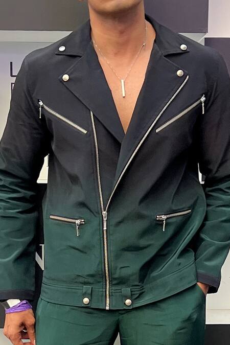 Buy Emerald Green Crepe Ombre Biker Jacket For Men by