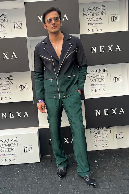 Shop_Nirmooha_Emerald Green Crepe Ombre Biker Jacket _Online_at_Aza_Fashions