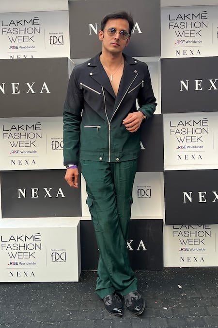 Nirmooha_Emerald Green Crepe Ombre Biker Jacket _at_Aza_Fashions