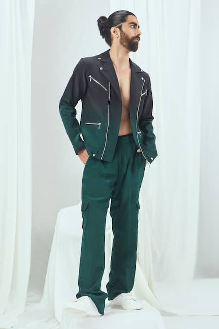 Buy_Nirmooha_Emerald Green Crepe Ombre Biker Jacket 