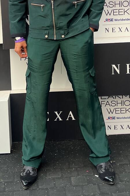 Shop_Nirmooha_Emerald Green Crepe Solid Baggy Pant _Online_at_Aza_Fashions