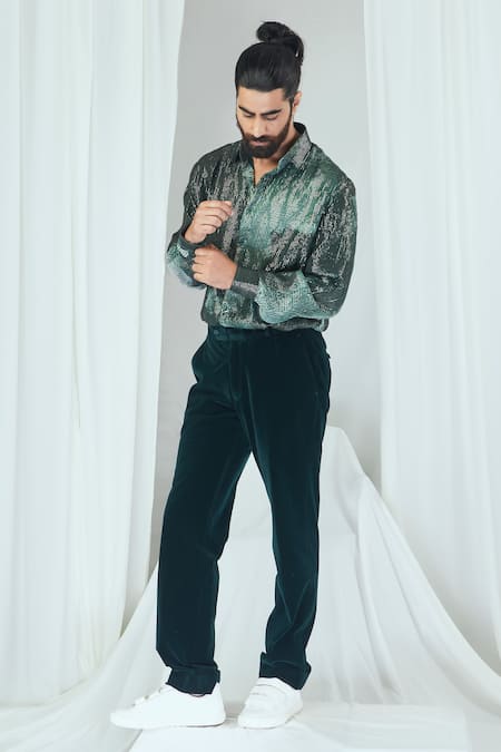 Shop Nirmooha Emerald Green Lurex Embroidery Blotch Print Shirt Online at Aza Fashions Shop_Nirmooha_Emerald Green Lurex Embroidery Blotch Print Shirt _Online_at_Aza_Fashions