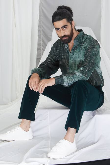 Nirmooha Emerald Green Lurex Embroidery Blotch Print Shirt at Aza Fashions Nirmooha_Emerald Green Lurex Embroidery Blotch Print Shirt _at_Aza_Fashions