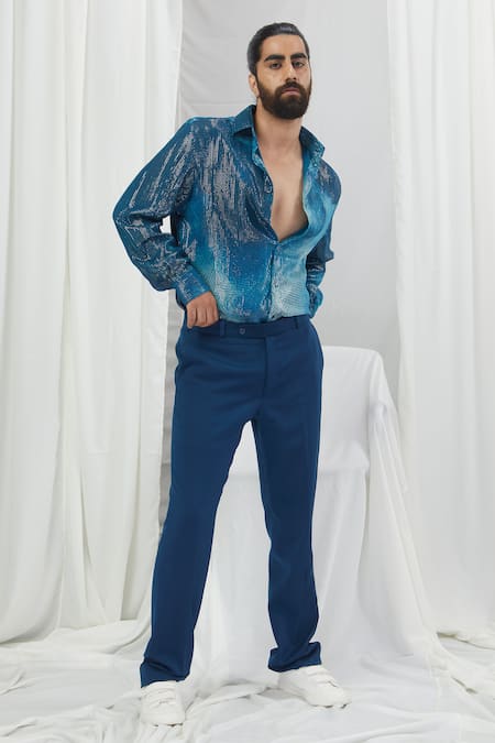 Shop_Nirmooha_Blue Lurex Embroidery Blotch Print Full Sleeve Shirt _at_Aza_Fashions
