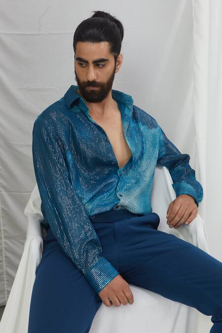 Nirmooha_Blue Lurex Embroidery Blotch Print Full Sleeve Shirt _Online_at_Aza_Fashions