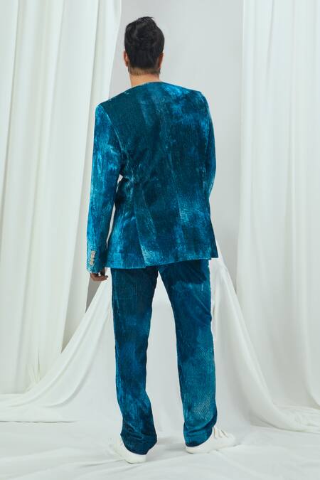 Shop_Nirmooha_Blue Velvet Blotch Print Blazer _at_Aza_Fashions