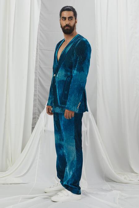 Shop_Nirmooha_Blue Velvet Blotch Print Blazer 