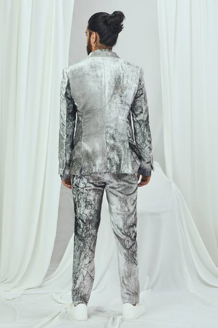 Shop Nirmooha White Velvet Forest Print Blazer at Aza Fashions Shop_Nirmooha_White Velvet Forest Print Blazer _at_Aza_Fashions