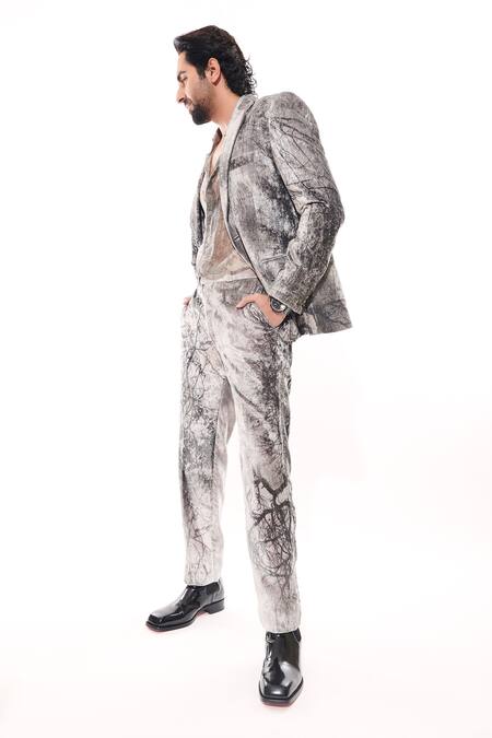 Buy Nirmooha White Velvet Forest Print Blazer Online at Aza Fashions Buy_Nirmooha_White Velvet Forest Print Blazer _Online_at_Aza_Fashions