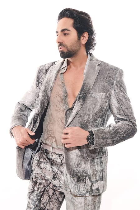 Shop Nirmooha White Velvet Forest Print Blazer Online at Aza Fashions Shop_Nirmooha_White Velvet Forest Print Blazer _Online_at_Aza_Fashions