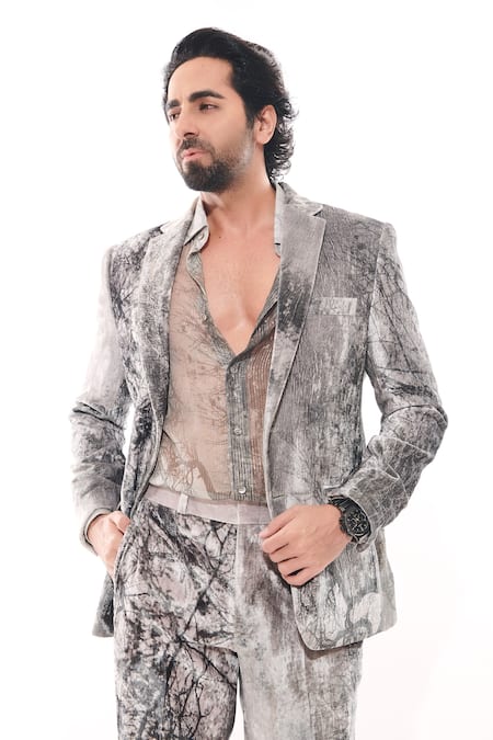 Nirmooha White Velvet Forest Print Blazer at Aza Fashions Nirmooha_White Velvet Forest Print Blazer _at_Aza_Fashions
