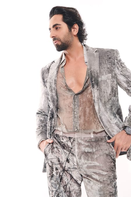 Buy Nirmooha White Velvet Forest Print Blazer Buy_Nirmooha_White Velvet Forest Print Blazer